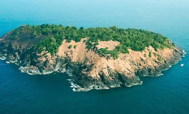 Aerial view of a lush green island with rocky coastlines, surrounded by deep blue ocean waters, showcasin.