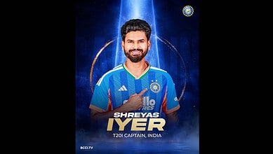 Celebrating Shreyas Iyer as T20I captain of India, smiling in blue cricket jersey with a dynamic backgrou.