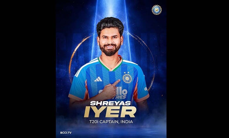 Celebrating Shreyas Iyer as T20I captain of India, smiling in blue cricket jersey with a dynamic backgrou.