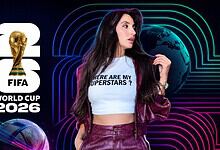 Young woman with long dark hair, wearing a crop top and jacket, standing in front of a digital globe and.
