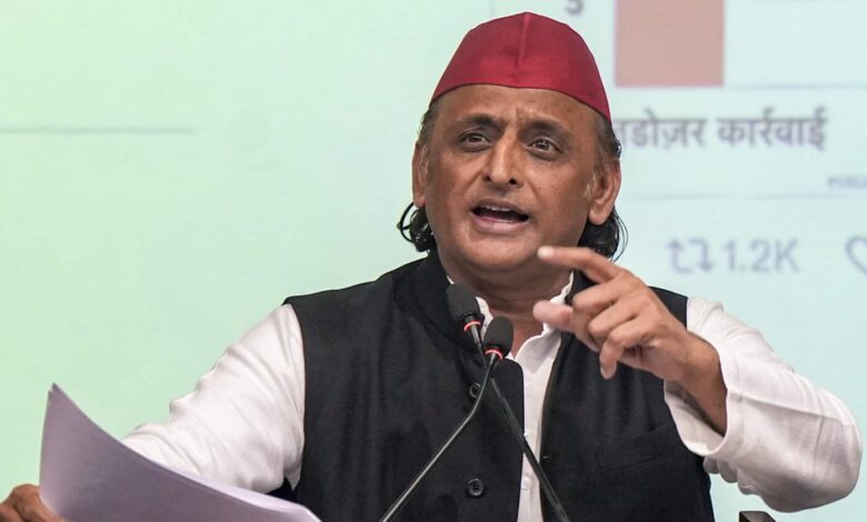 Samajwadi Party President Akhilesh Yadav addresses a press conference.