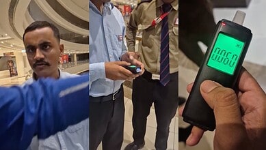 Man at PVR cinema undergoes alcohol test with a breathalyser device in Hyderabad.