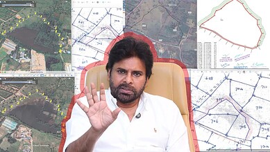 Man in white shirt gesturing with hand, with maps and land plots in background, for The Siasat Daily.