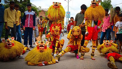 Colorful lion dance costumes at Peddapuli Panduga festival in India.