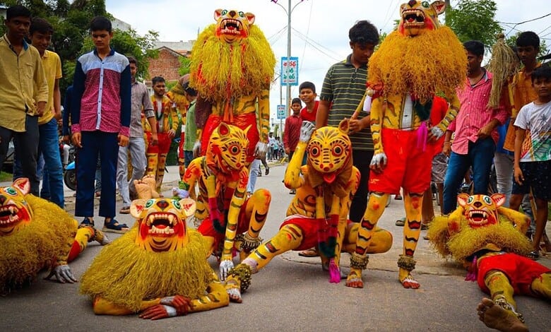 Colorful lion dance costumes at Peddapuli Panduga festival in India.
