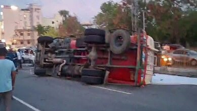 The image shows a petrol tanker overturning near Hayathnagar on NH 65 on Thursday evening, June 4, 2026.