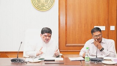 The image shows Transport Minister Ponnam Prabhakar holding a review meeting on TGSRTC's perormance at Telangana Secretariat on Thursday, June 18, 2026.