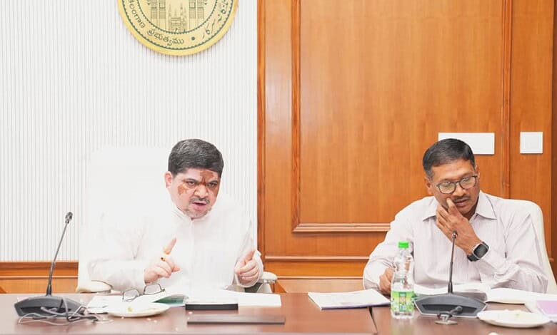 The image shows Transport Minister Ponnam Prabhakar holding a review meeting on TGSRTC's perormance at Telangana Secretariat on Thursday, June 18, 2026.