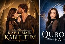 Comparison of Indian serial 'Qubool Hai' and Pakistani drama 'Kabhi Main Kabhi Tum' posters.
