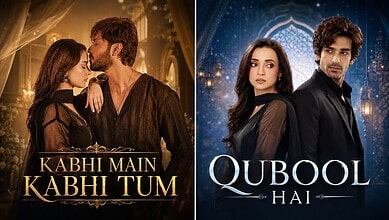 Comparison of Indian serial 'Qubool Hai' and Pakistani drama 'Kabhi Main Kabhi Tum' posters.