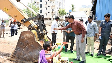 HYDRAA commissioner AV Ranganath performing Bhumi and Vahan Puja at Ramanthapur Pedda Cheruvu to kick-off restoration works at the encroached lake on Thursday, June 18, 2026.