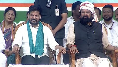 The image shows Telangana CM A Revanth Reddy attending a public meting at Udandapur village of Jadcherla mandal in Mahabubnagar district on the conclusion of his two-day tour of the pending irrigation projects in Palamuru region on Friday, June 5, 2026.