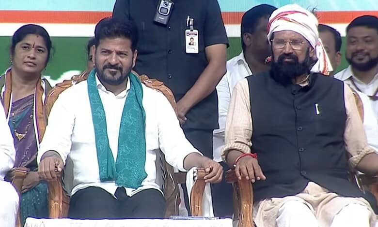 The image shows Telangana CM A Revanth Reddy attending a public meting at Udandapur village of Jadcherla mandal in Mahabubnagar district on the conclusion of his two-day tour of the pending irrigation projects in Palamuru region on Friday, June 5, 2026.