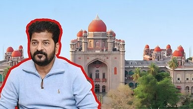 Revanth Reddy in front of Telangana High Court building, India.