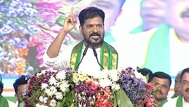 The image shows Telangana CM A Revanth Reddy addressing a public meeting after laying foundation-stone for the International Integrated Fruit Market in Koheda village of Rangareddy district on Saturday, June 6, 2026.