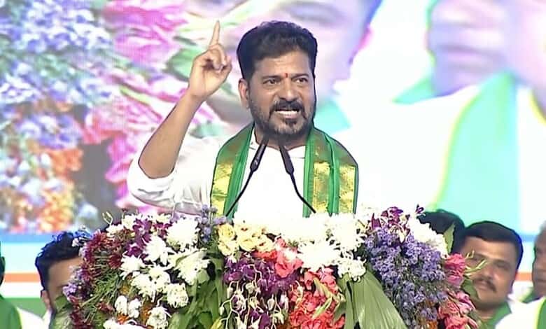 The image shows Telangana CM A Revanth Reddy addressing a public meeting after laying foundation-stone for the International Integrated Fruit Market in Koheda village of Rangareddy district on Saturday, June 6, 2026.