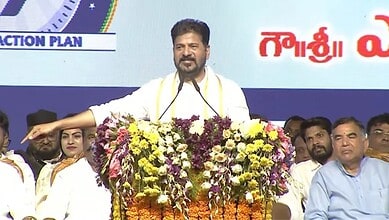 The image shows Telangana CM A Revanth Reddy addressing a public meeting at Miyapur on Monday, June 8, 2026.