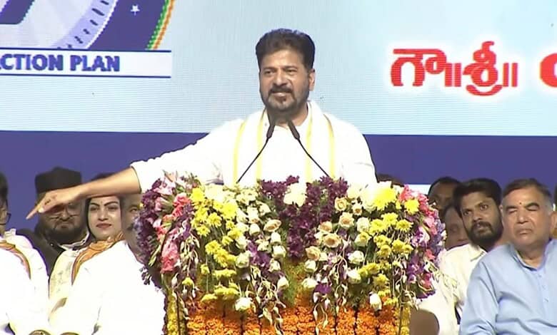The image shows Telangana CM A Revanth Reddy addressing a public meeting at Miyapur on Monday, June 8, 2026.