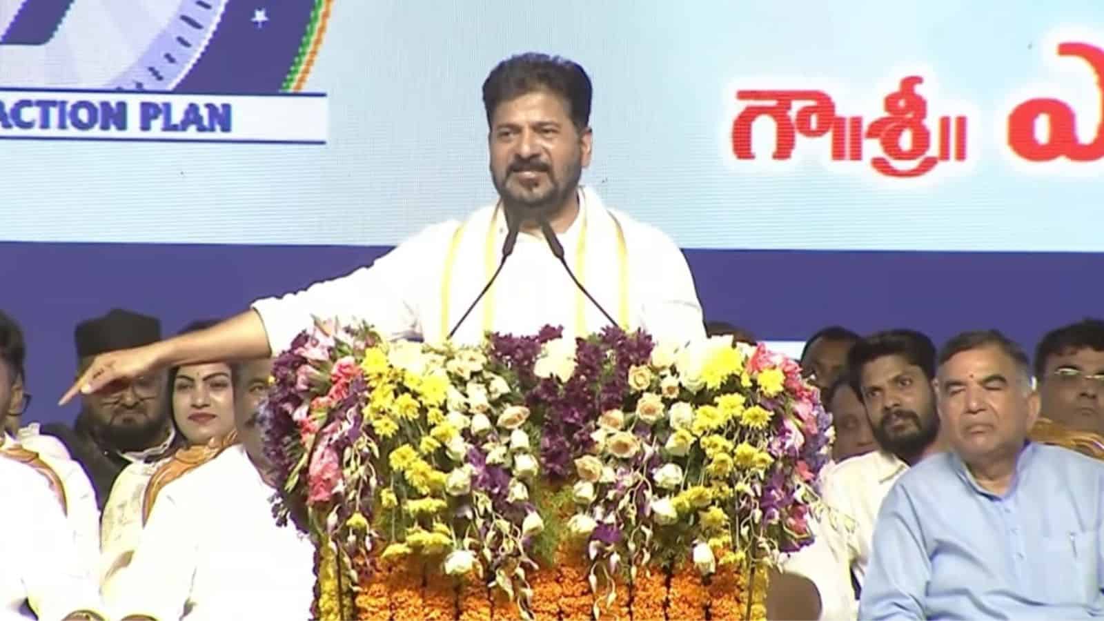 The image shows Telangana CM A Revanth Reddy addressing a public meeting at Miyapur on Monday, June 8, 2026.