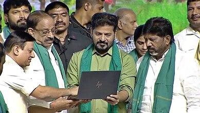 The image shows Telangana CM A Revanth Reddy releasing the Rythu Bharosa amount into the accounts of the farmers for Kharif season in Hyderabad on Tuesday, June 30, 2026.