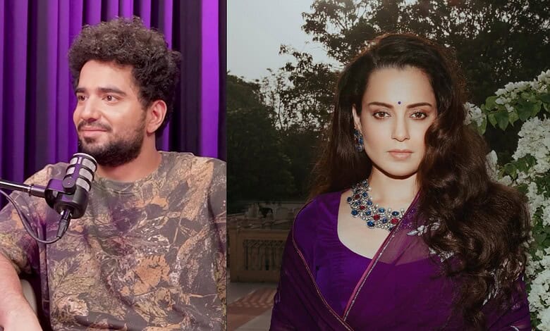 Kangana Ranaut in a purple saree with floral background, looking poised for a photoshoot.