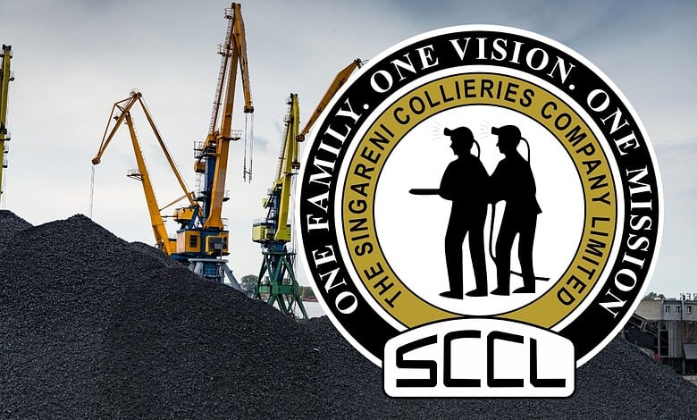 Excavators working at a construction site with the SCCL logo overlay, symbolising coal mining and energy.