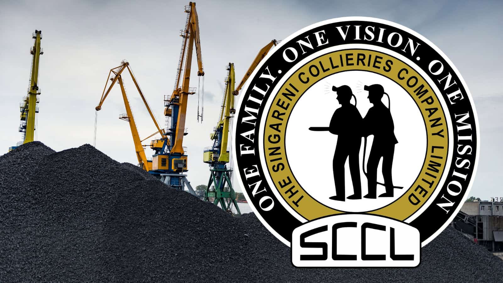 Excavators working at a construction site with the SCCL logo overlay, symbolising coal mining and energy.