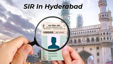 Person holding an election ID card in front of Hyderabad's Charminar, symbolising voter identification.