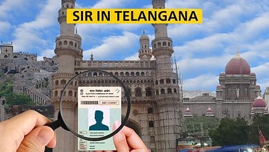 Sir in Telangana holding an ID card in front of Hyderabad's historic castle with blue sky background.