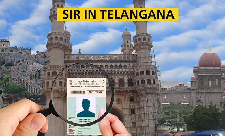 Sir in Telangana holding an ID card in front of Hyderabad's historic castle with blue sky background.