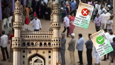 Crowd of people at Hyderabad ticket counter with vaccination certificates in the background.