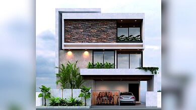 Modern three-storey residential building with greenery and parking area in Hyderabad.