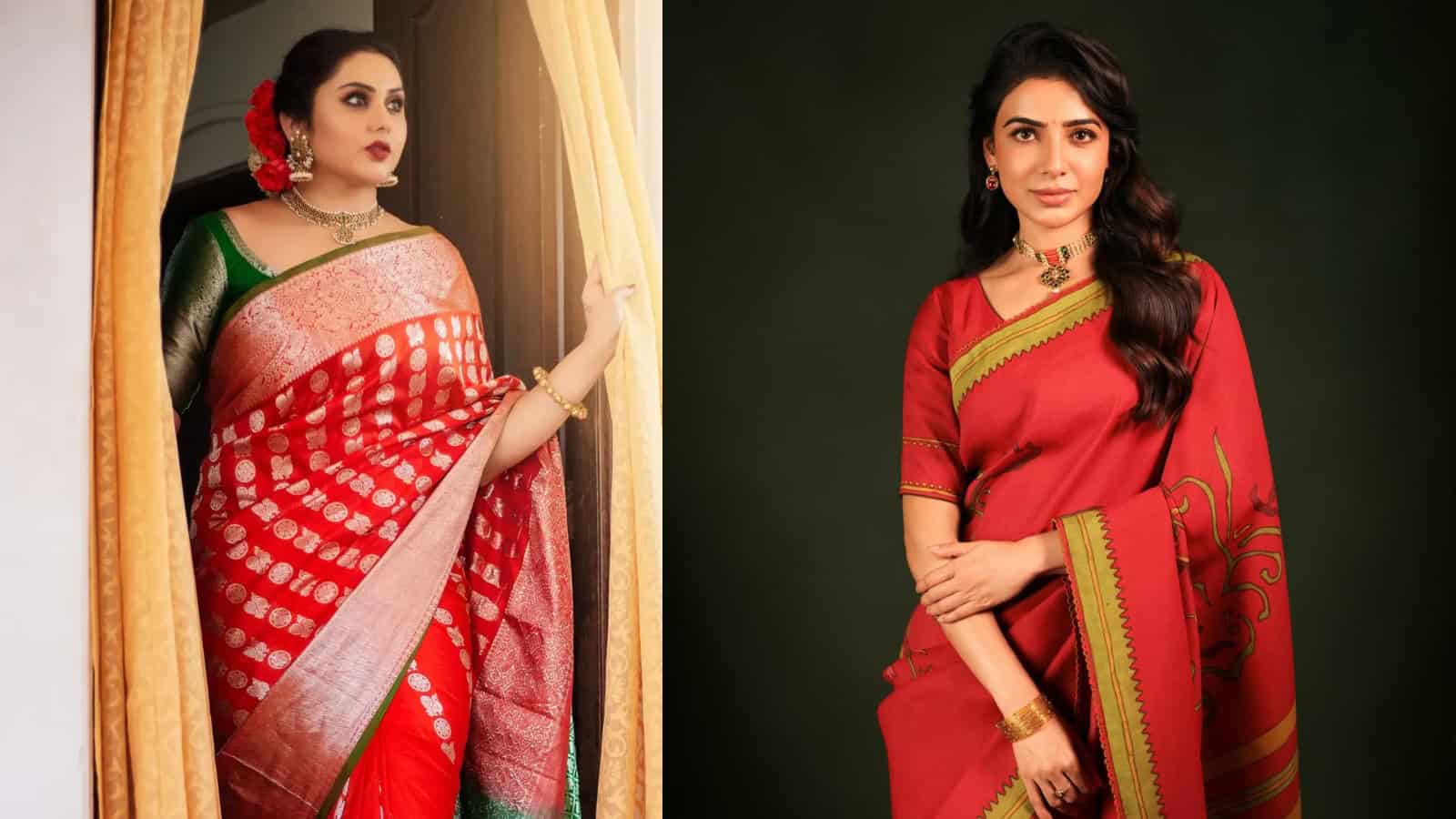 A woman in a red and green traditional saree looking out of a window with curtains.