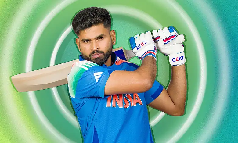 Cricketer holding a bat and wearing gloves, ready to play cricket, against a vibrant green background.