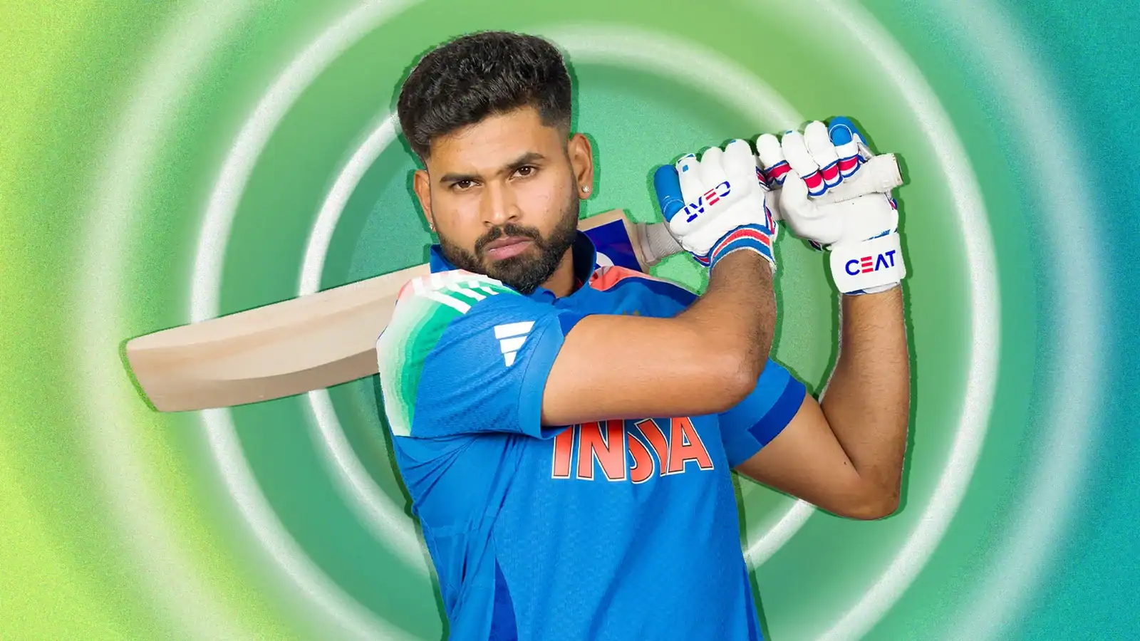 Cricketer holding a bat and wearing gloves, ready to play cricket, against a vibrant green background.