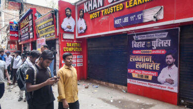 Students stage a protest after a coaching institute of educator Faisal Khan, popularly known as 'Khan Sir', was allegedly vandalised and pelted with stones. (Source PTI)