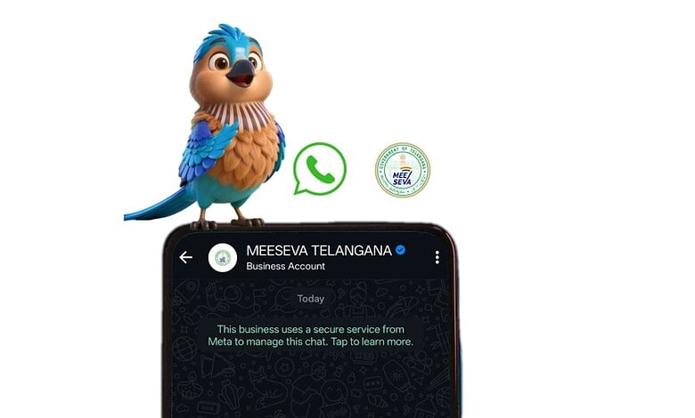 Animated blue and brown bird mascot with WhatsApp and Telangana logos above a smartphone.
