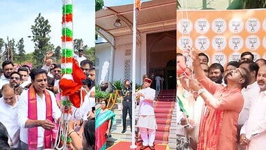 People celebrating Indian Independence Day with flag hoisting and cultural activities at Siasat Daily.