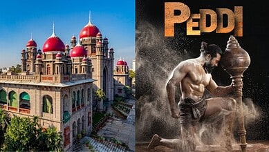Ancient Indian temple with red domes and intricate architecture, alongside a traditional Peddar performer.