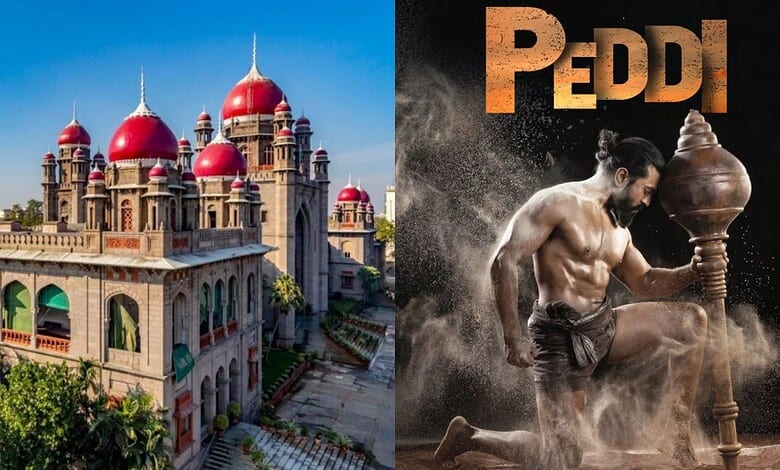 Ancient Indian temple with red domes and intricate architecture, alongside a traditional Peddar performer.
