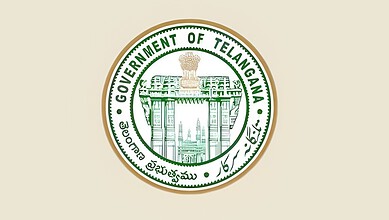 The Government of Telangana seal featuring an archway and inscriptions in English and Telugu.