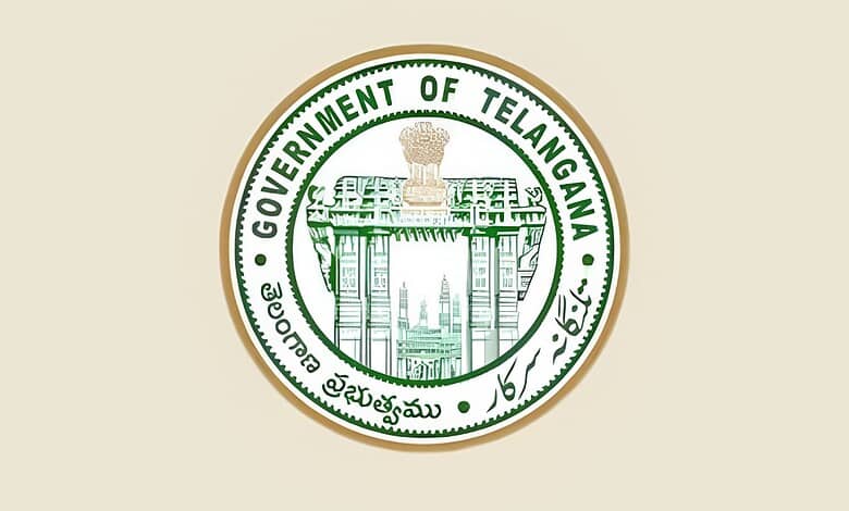 The Government of Telangana seal featuring an archway and inscriptions in English and Telugu.