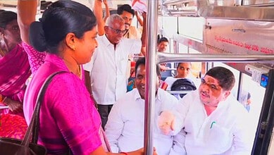 Telangana ministers engage with passengers during Palle Velugu bus ride for Maha Lakshmi gains.
