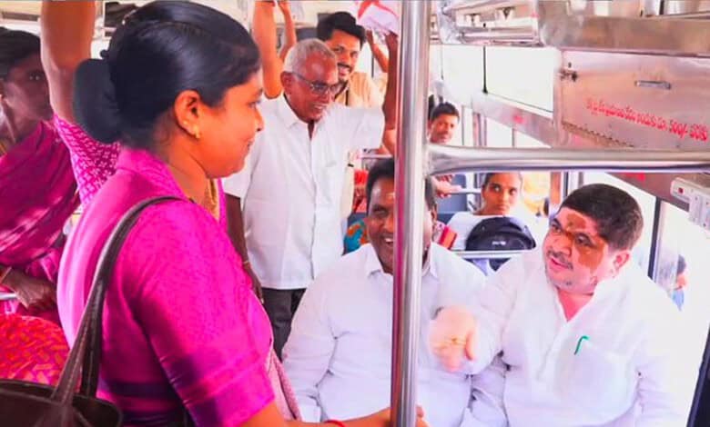 Telangana ministers engage with passengers during Palle Velugu bus ride for Maha Lakshmi gains.