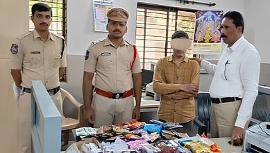 Suspicious individuals and police officers inspecting seized counterfeit goods in an office setting.