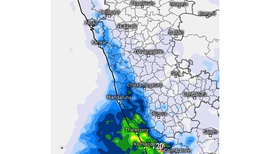Flood warning map showing heavy rainfall and water levels in Kerala, India, with areas like Thalassery an.