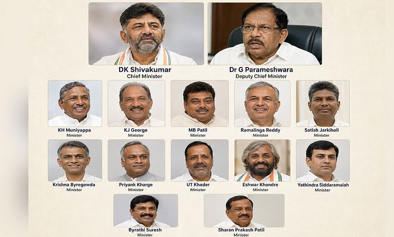 A detailed group photo of Indian government ministers and officials, including Chief Minister DK Shivakum.