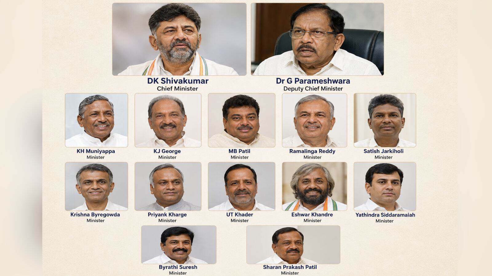 A detailed group photo of Indian government ministers and officials, including Chief Minister DK Shivakum.