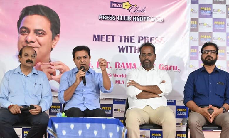 Engaging press conference at Press Club Hyderabad with speakers discussing media and journalism topics.