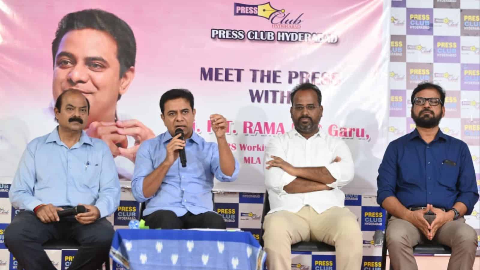 Engaging press conference at Press Club Hyderabad with speakers discussing media and journalism topics.